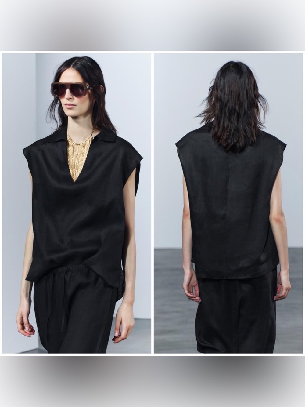 Zara Women's 100% Linen V-Neck Sleeveless Collar Top Blouse Black Sz Large